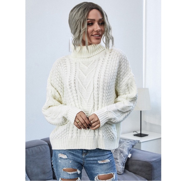Off White Cable Knit Turtleneck Sweater - Picture 3 of 10